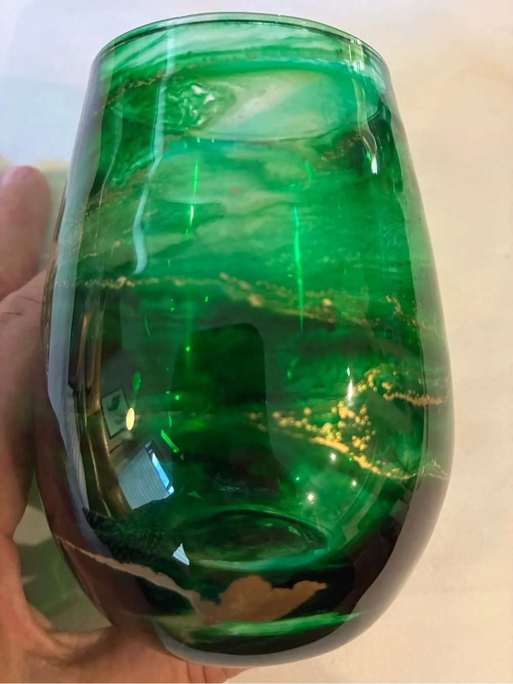 Handblown Green Glass Vase Wine Glass with Gold Veining Emerald Green Glass